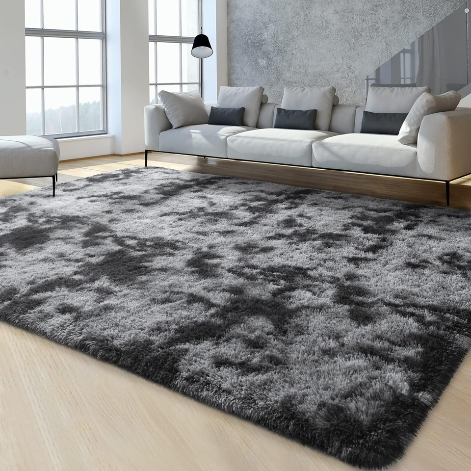 Large Area Rugs for Living Room, 4X6 Feet TieDyed Dark Grey Shaggy Rug