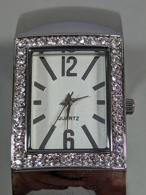 Chico's Silver Tone Dial Crystal Accent Case Open Cuff Hinge Band Watch 6 Inch
