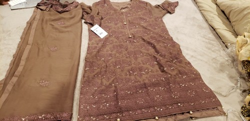 Pakistani / Indian Women's Brown Embroidered Chiffon Two Piece Shirt and Dupatta - Picture 1 of 11