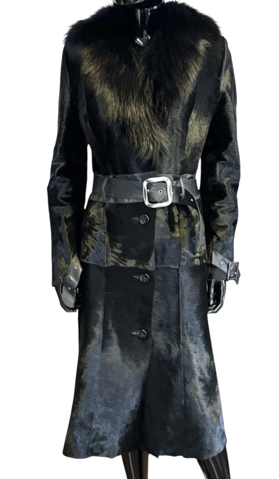 Luxury Black Pony Hair Fur Coat Belted With Real Fox Fur Collar Rare Find