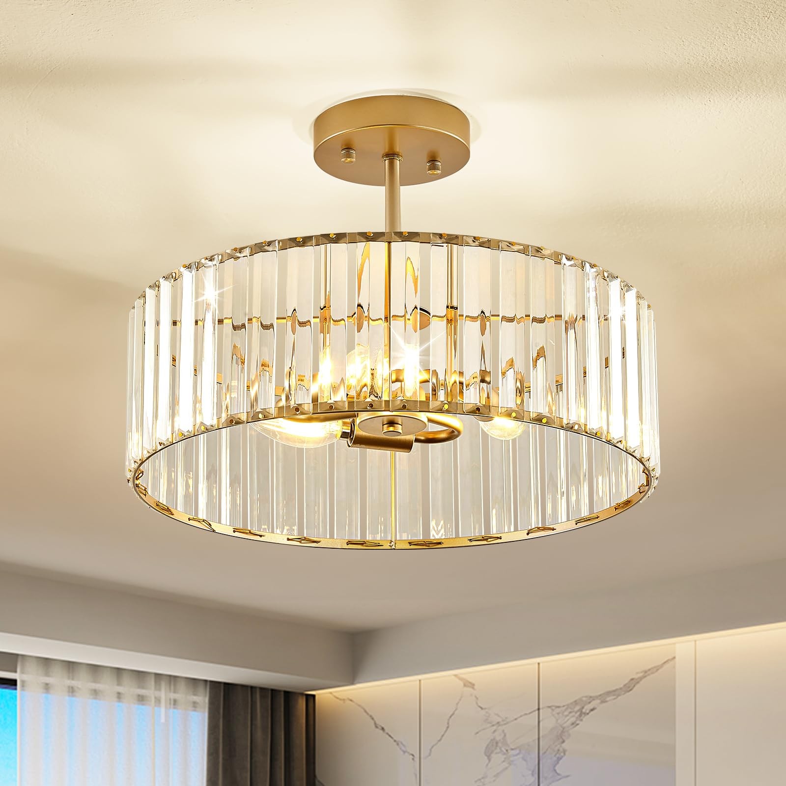 Gold Modern 3-Light Crystal Semi Flush Mount Ceiling Chandelier