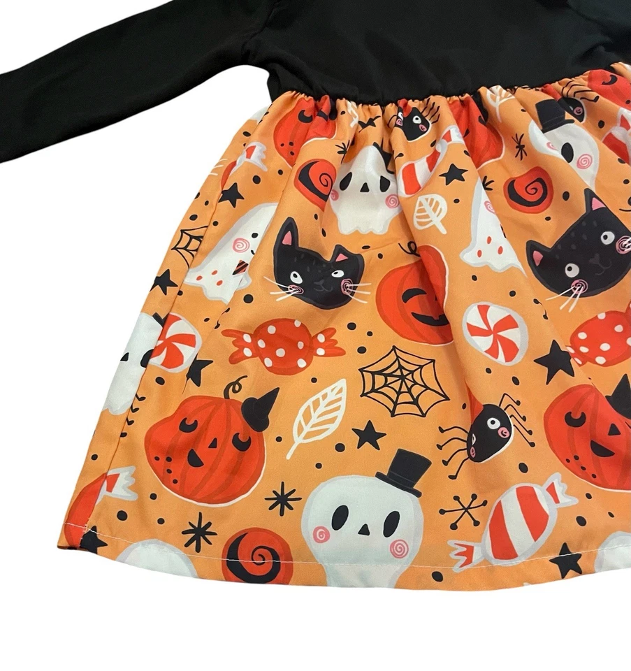 Niñas Naranja y Negro Calabaza, Fantasma, Gato, Diseño, Vestido de Halloween Talla 3 a 4 años Foto 2 de 4