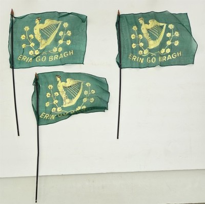 c1910s antique ERIN GO BRAGH Irish silk PARADE FLAGS shamrock harp 3pc ST PATTY