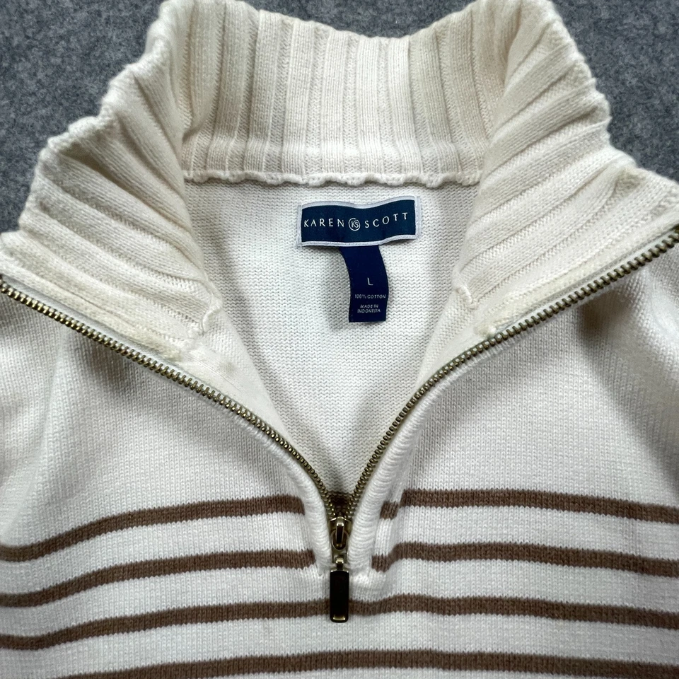 Karen Scott Women’s Sweater Large L Beige White Striped Cotton Knit Quarter Zip - Image 2 of 4