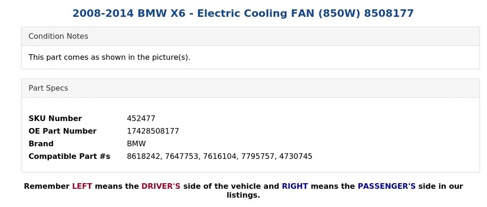 BMW X6 2008-2014 - Ventilador de refrigeración eléctrico (850 W) 8508177 Foto 4 de 4