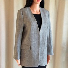 MANGO MNG Grey Herringbone Wool Blend Collarless Open Front Blazer Jacket XS