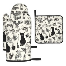 Witch Gothic Pot Holders and Oven Mitts Set, Witchy Wicca Black Cat Skull Kit...