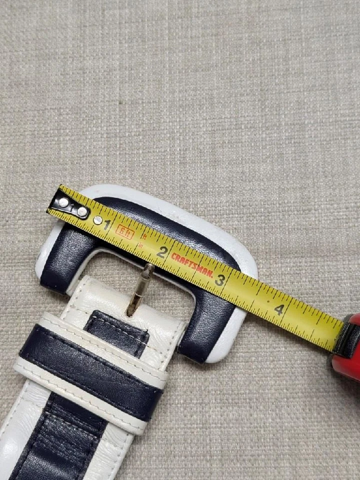vintage 1970s belt WIDE white/blue 28 striped MOD leather flight attendant GLAM - Image 3 of 4