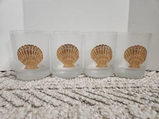 Set of 4 Culver Frosted Gold Sea Shell Scallops Double Old Fashioned Glasses