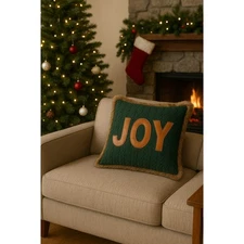 Rustic Christmas “JOY” Pillow 20x20 – Green Cable Knit with Faux Fur Trim
