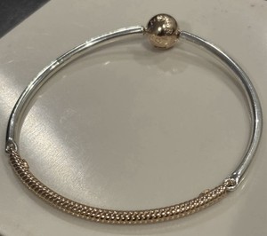 Authentic Ster Silver Pandora moments gold plated 3 Link Bangle snake Bracelet 588143 7.5"