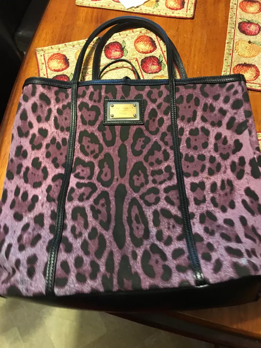Dolce Gabbana Leopard Miss Escape Purple Canvas Tote Shopping