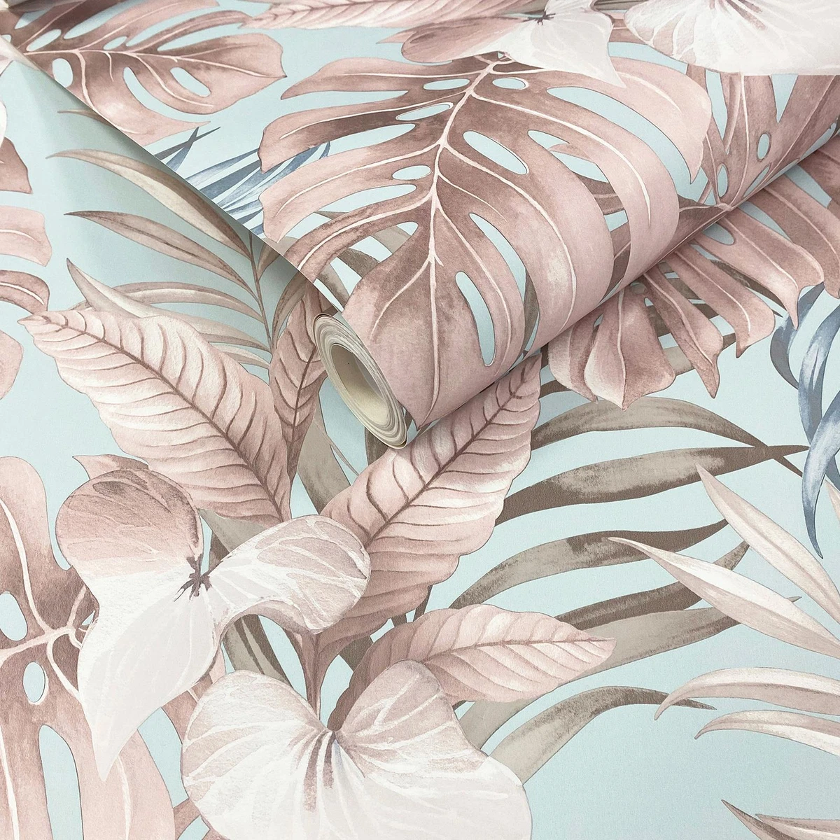 Teeva Jungle Leaves Wallpaper Muriva Teal Pink 183502 Tropical Foliage Leaf