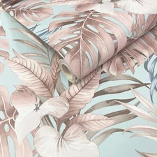 Teeva Jungle Leaves Wallpaper Muriva Teal/Pink 183502 Tropical Foliage Leaf