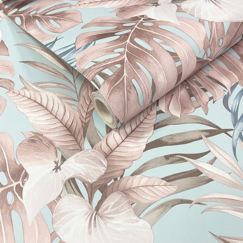 Teeva Jungle Leaves Wallpaper Muriva Teal/Pink 183502 Tropical Foliage