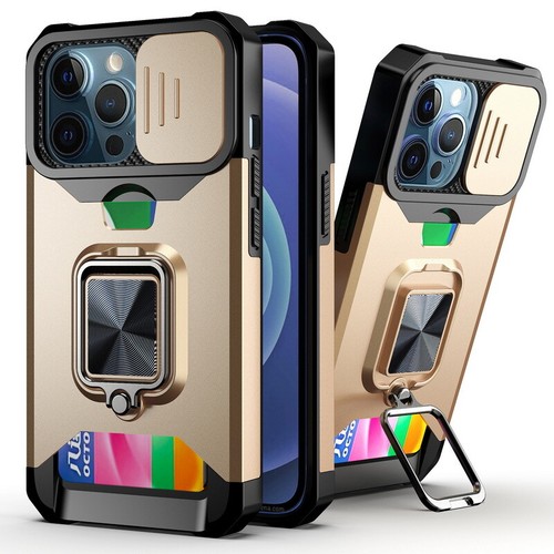 For iPhone 16 15 14 Pro Max 13 12 Armor Slide Card Slot Ring Holder Case Cover - Picture 11 of 15