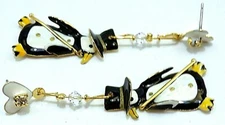 LUNCH AT THE RITZ PIERCED / POST PENGUIN EARRINGS DESIGNER SIGNED 2 3/8" LONG
