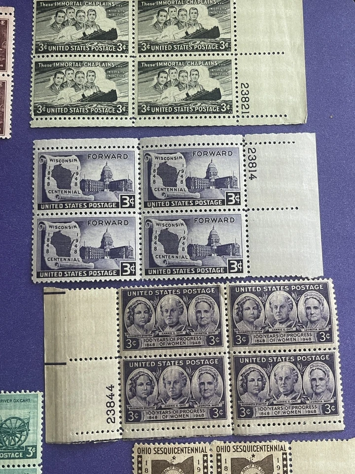 US 3 Cent 1947-1953, 9 Blocks Of 4 Stamps, 9 MNH, 2 MLH, All W/ Original Glue, - Image 3 of 4