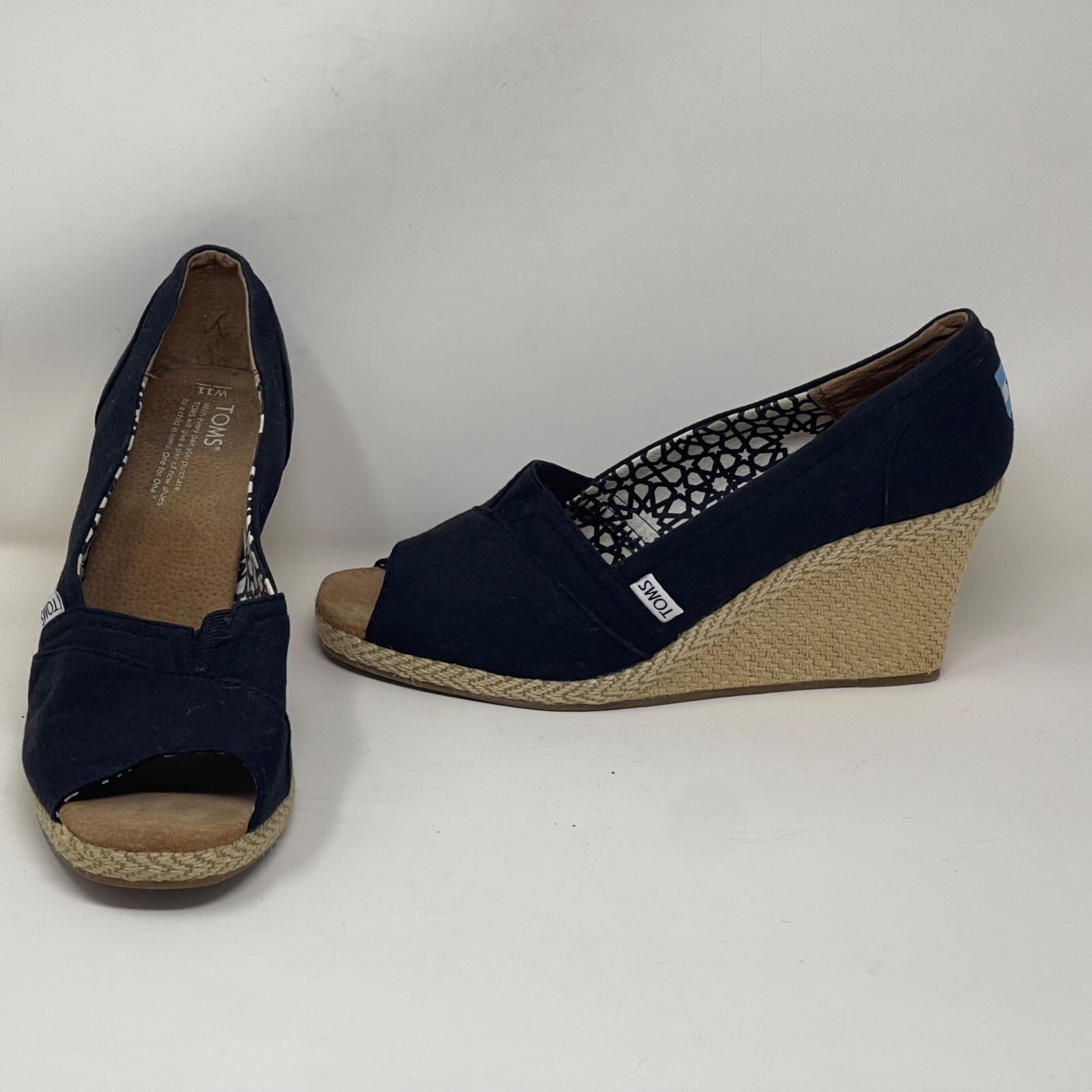 Toms Women's Black Canvas Peep Toe Wedge Heels Sandals Size 11