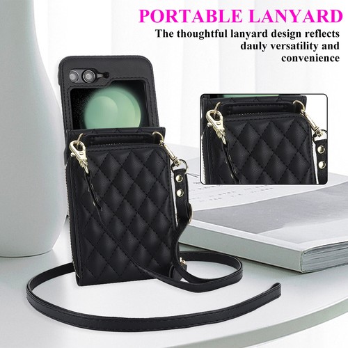 For Samsung Galaxy Z Flip6 Flip5 4 3 Wallet Case Leather Card Holder Cover Strap - Picture 7 of 32