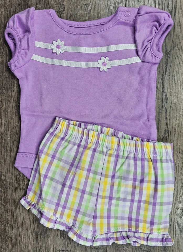 Ropa para bebé niña nuevo sin etiquetas garanímales recién nacido 2 piezas flor púrpura traje de verano Foto 2 de 3