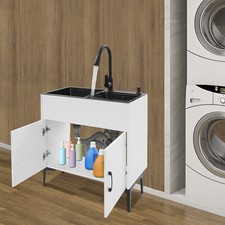 Laundry Sink with Cabinet  Pull-Out Sprayer Faucet Utility Sink Stainless Steel