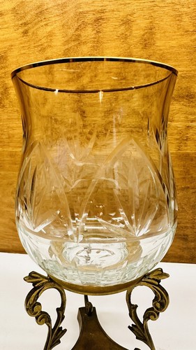Vintage Cut Crystal Glass Hurricane Candle Holder With Brass Stand 9" - Picture 5 of 7