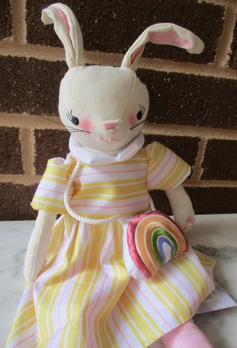 Bunny Fabric Doll Shelf Sitter 16" Tall Yellow Stripe Dress/Rainbow Purse -Tags - Picture 2 of 5