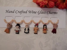"THANKSGIVING ", PILGRIMS  SET OF 6  HAND CRAFTED Wine Glass Charms