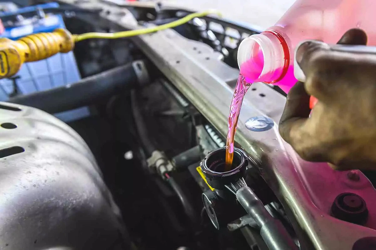 Driver pouring pink coolant into radiator.