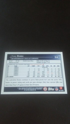 FREE SHIPPING-Tony Romo-2009 Topps Football-no.54-Cowboys - Picture 2 of 3