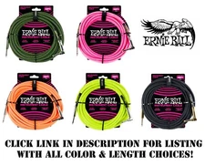 **ERNIE BALL 10' or 18' BRAIDED INSTRUMENT/GUITAR CABLE - 5 COLOR CHOICES**