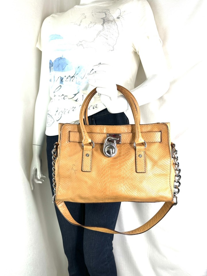 Michael Kors Tan Snakeskin Embossed Leather Shoulder Bag Brass Lock