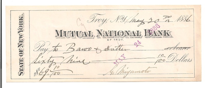 G Miyamoto JAPANESE-AMERICAN 1886 check Bawo & Dotter Mutual Nat'l Troy NY A0288