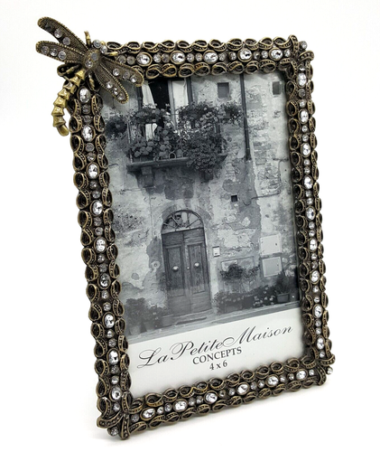 Marco de fotos de libélula La Petite Maison antiguo de metal dorado estrás foto de 4x6 - Imagen 2 de 9