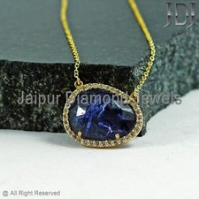 Tanzanite Naturelle Gemme Blanc Diamant 14K or Jaune Chaîne Collier Bijoux