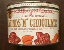 VINTAGE KATHRYN BEICH KEYWIND ALMONDS 'N' CHOCOLATE CANDY TIN - BLOOMINGTON, IL