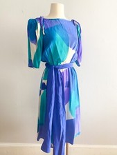 1980s Vintage Watercolor Ocean Blue Nicole LTD Dress W/ Puff Sleeve