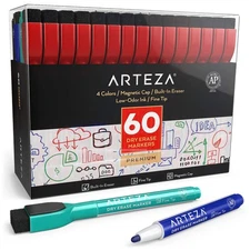 ARTEZA Magnetic Dry Erase Markers with Eraser, Bulk Pack of 60, Fine Tip, 4 A...