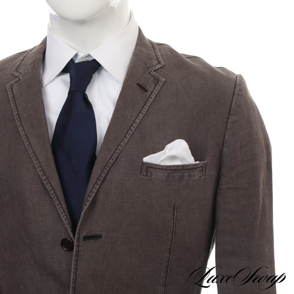 Sand Made in Portugal 100% Linen Cigar Brown Garment Dyed Faded Blazer Jacket 52 - Image 2 of 4