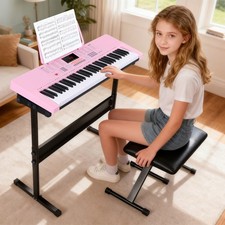 Pink Electronic 61 Key Keyboard Piano with Stand Stool Headphones Microphone