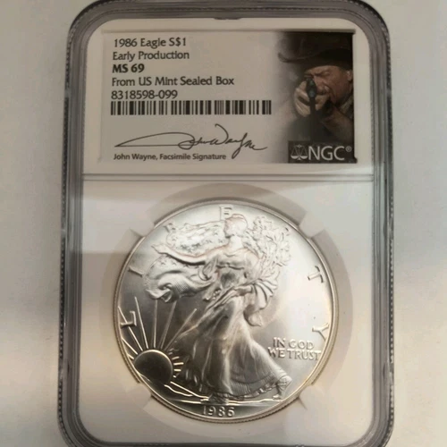 1986-S Early Production Silver  Eagle NGC MS69 -John Wayne Graded Coin Amazing