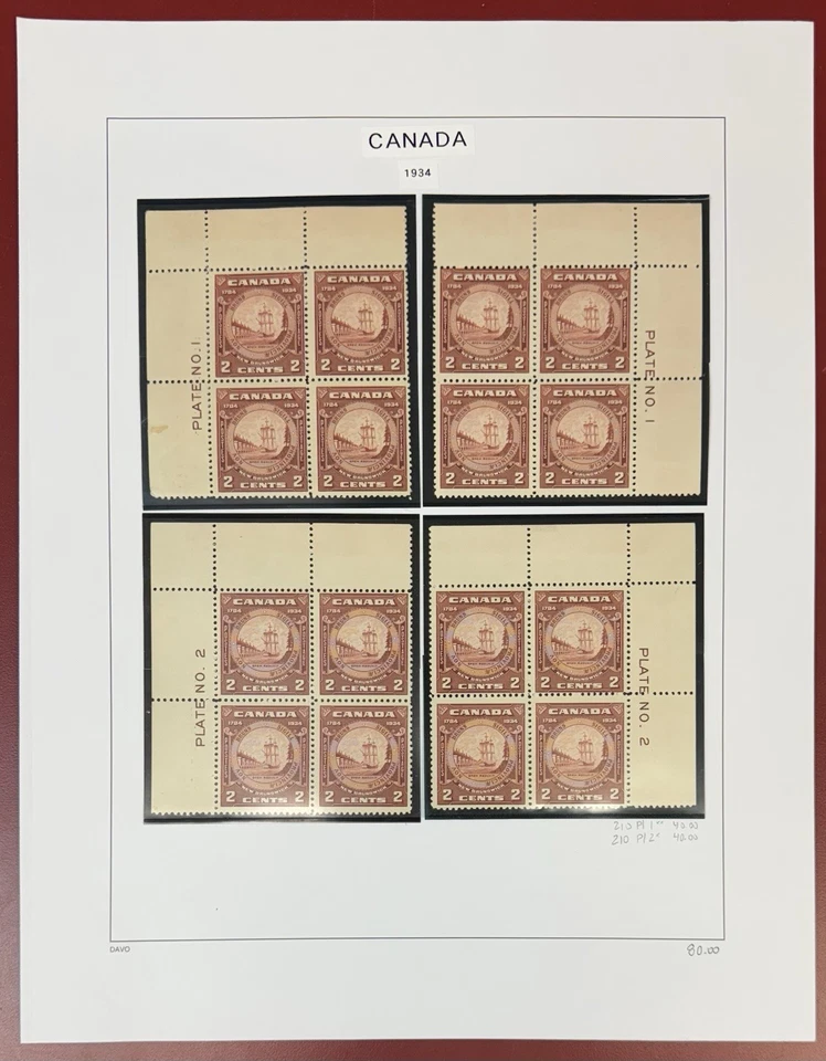 Canada, 1933-1934, Scott #202, 204, 208, 210, Lot of Plate Blocks, Mint, N.H./H. - Image 4 of 4