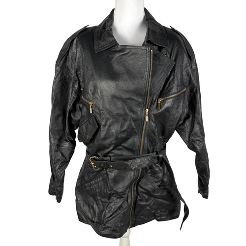 Giacca pelle vintage GIII donna M nera foderata con cintura moto biker zip oro - Foto 2 di 23