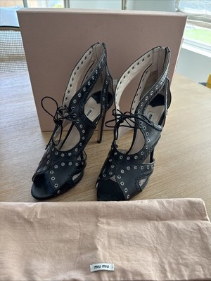 Miu Miu Grommet Leather Lace Up Bow Cut Out Caged Heels Sandals Size 10.5