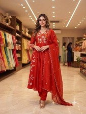Beautiful Red Mul Chanderi Salwar Kameez With Dupatta For Wedding Wear