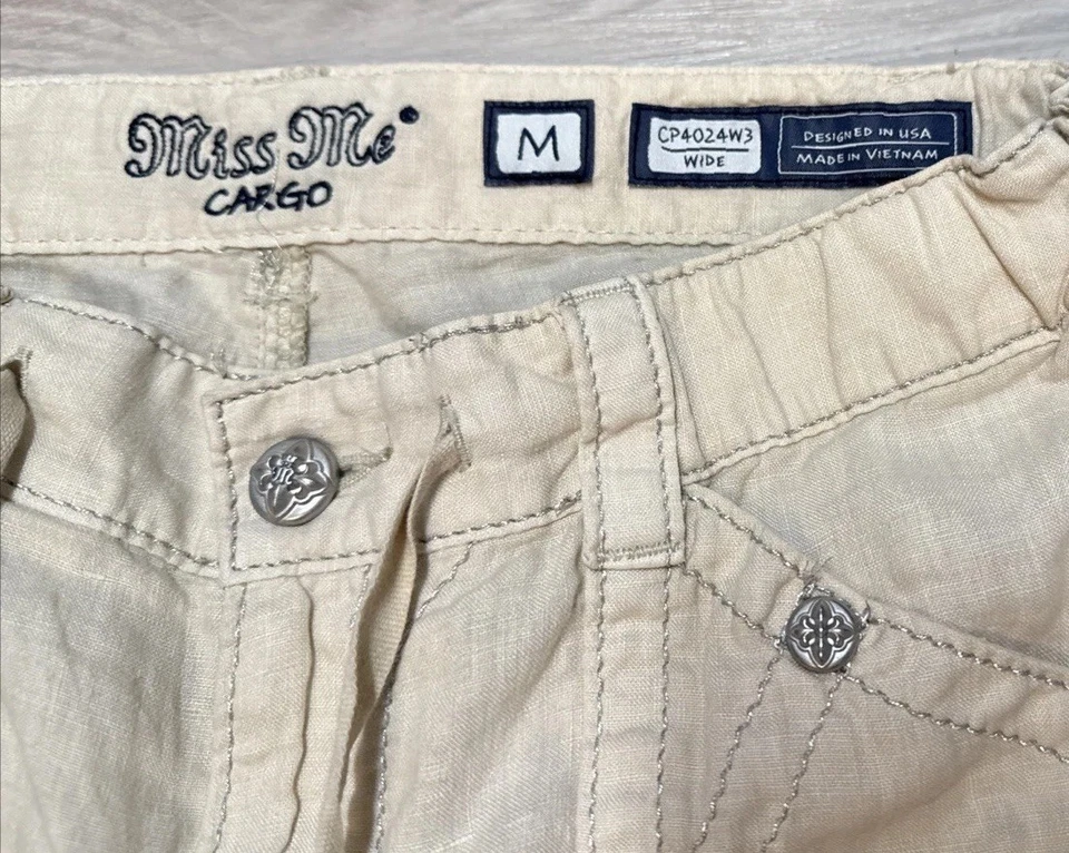 Pantalones cargo Miss Me de lino pierna ancha talla mediana beige bolsillos con cordón Foto 3 de 4