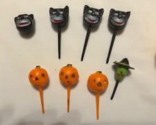 VTG Halloween 3D Cupcake cake Picks Toppers Jack-o-lantern Cat Scarecrow crafts image