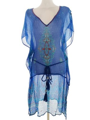 MONSOON Damen Tunika Bluse Gr. M Blau Viskose 100% Kurzer Ärmel Stickerei