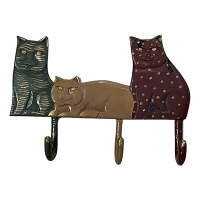 Pier 1 Wood Carved Kitty Cat Wall Hung Coat Hanger 3 hooks/tails